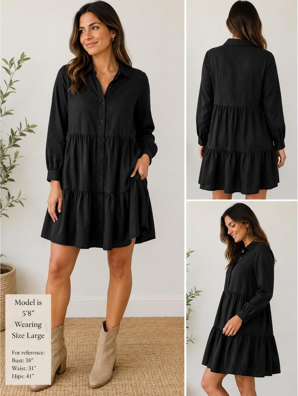 Black Tiered Shirt Dress Long Sleeve Button Front Size L